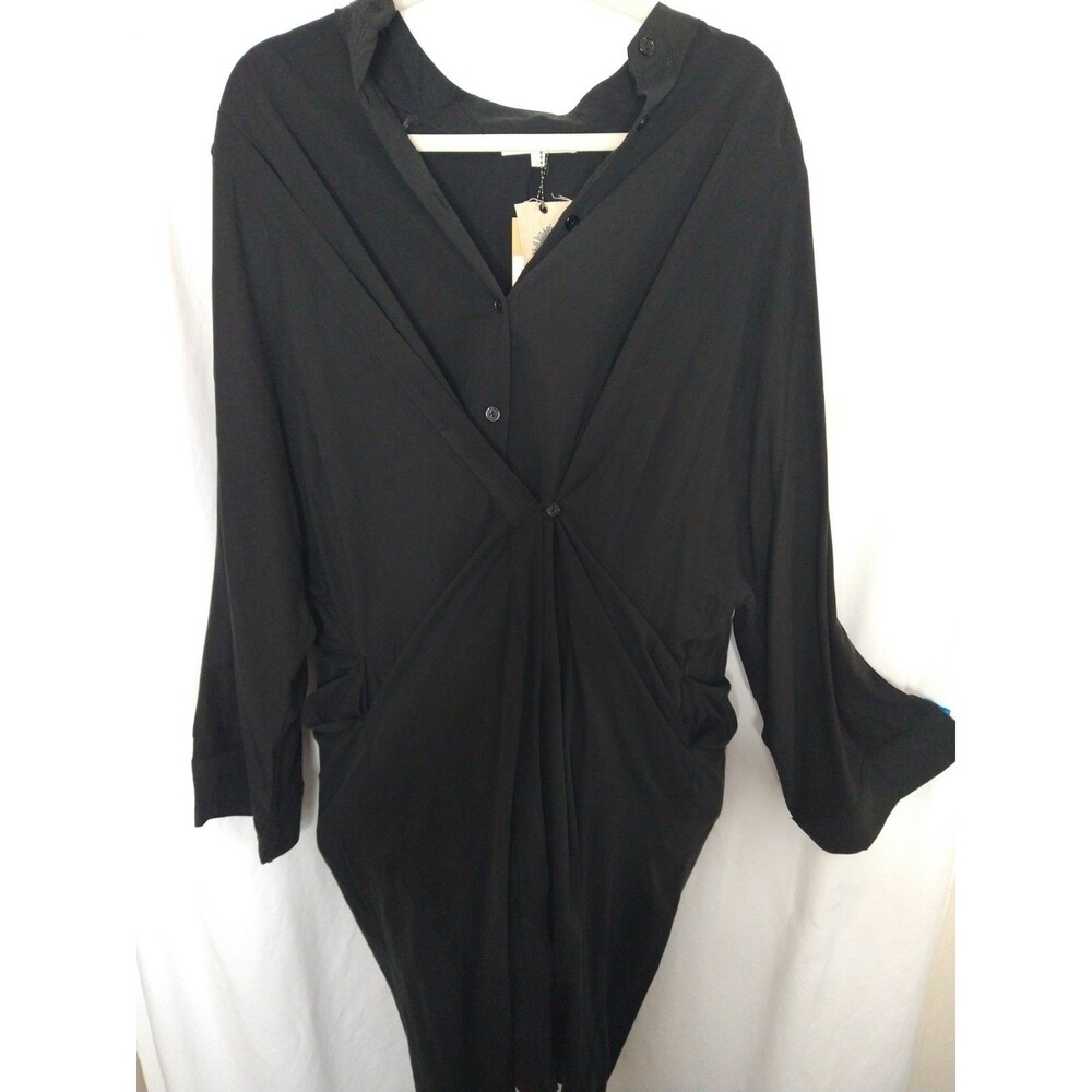 NWT Label of Love Dress Sz S Black Button Flap lagenlook Bell Sleeve 100% Tencel - Picture 2 of 16